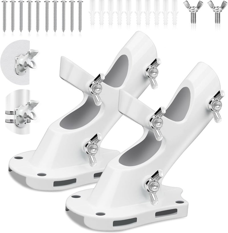 REERON Flag Pole Brackets for House, 2-Positions Metal 1" Flagpole Holder Mounts, Aluminium Rustproof Outside Flag Pole Wall Porch Mounting Bracket with 3 Fixed Holes & Steel Hardwares (White-2 Pack) - Image 1